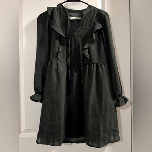 Long sleeve dark green ruffle tie detail mini dress. Size XXSP, LOFT